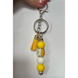 Yellow and White Beaded Keychain with Tassel